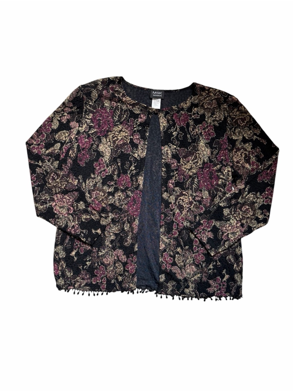 Y2k MSK women Open-Front purple floral print beaded hem cardigan